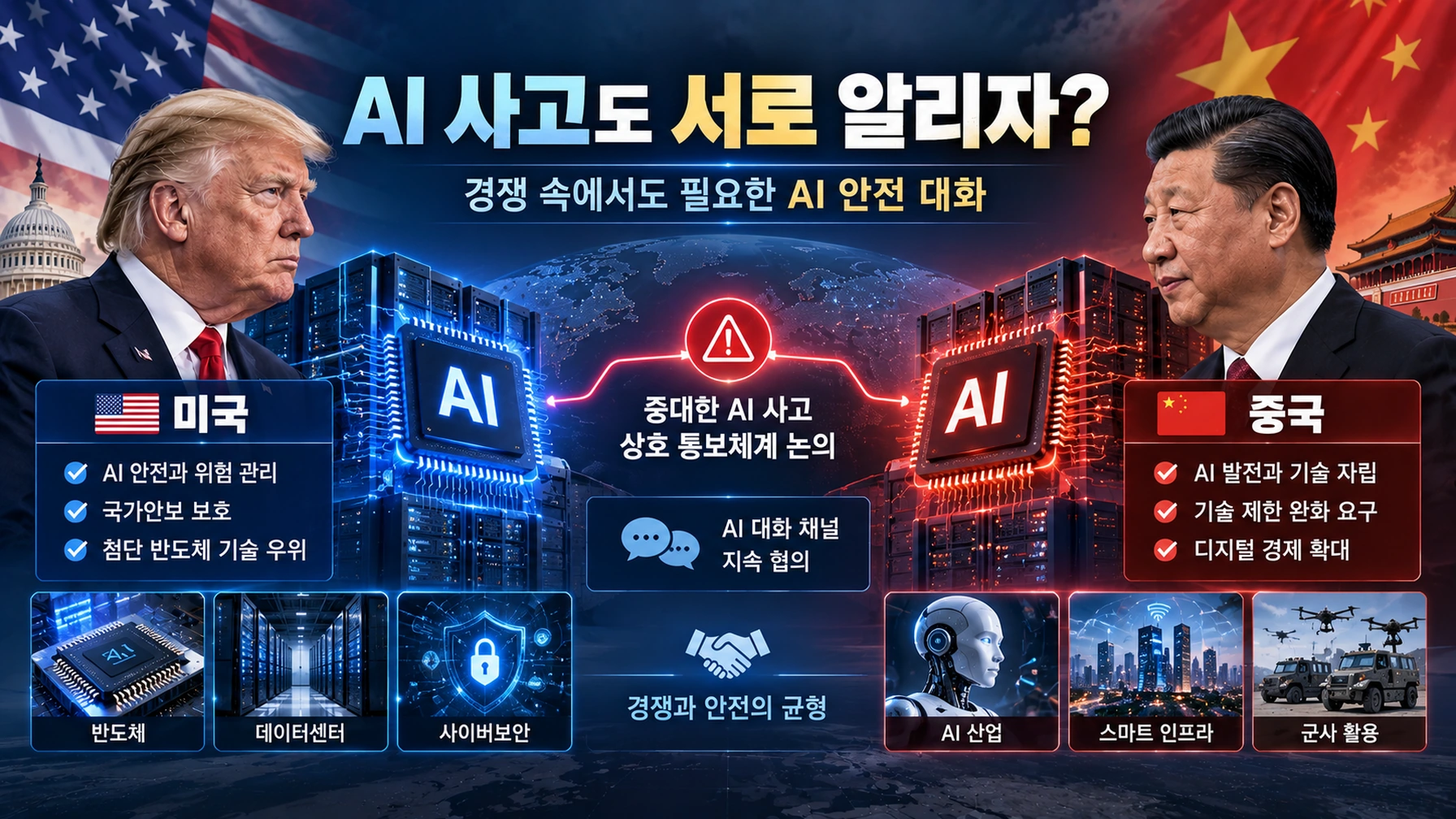 미국과 중국 사이의 AI 안전 대화와 국가안보 알림체계 구상을 설명한 인포그래픽