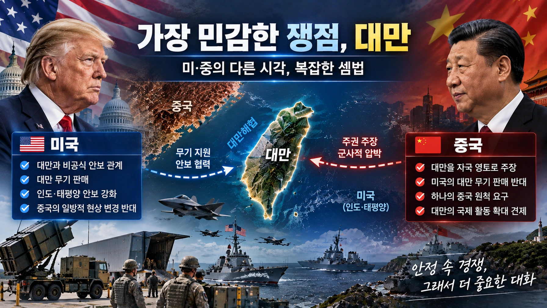 미국 중국 대만 사이의 안보 관계와 무기판매 쟁점을 중립적으로 설명한 관계도