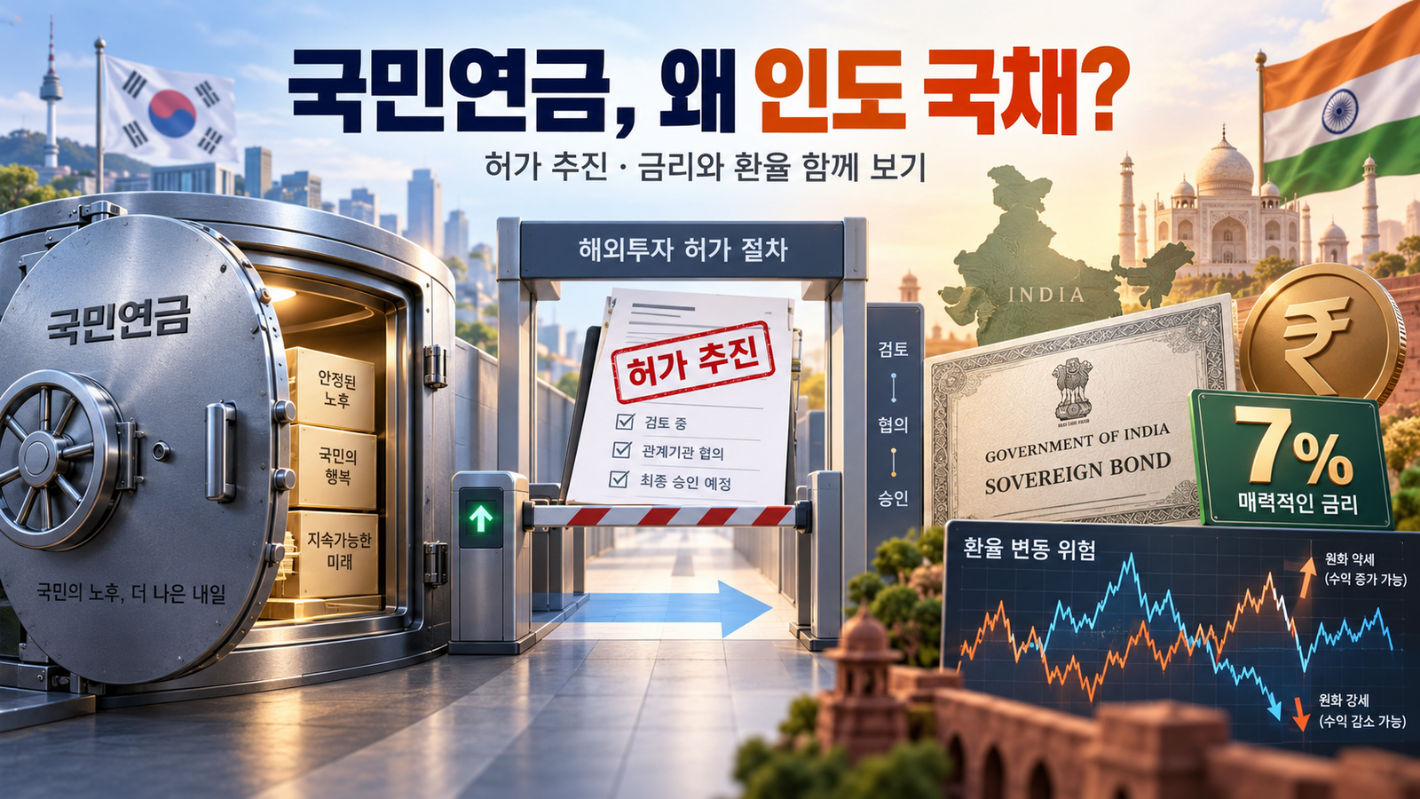 국민연금이 인도 국채 투자 허가를 추진하는 배경과 금리·환율 위험을 표현한 일러스트