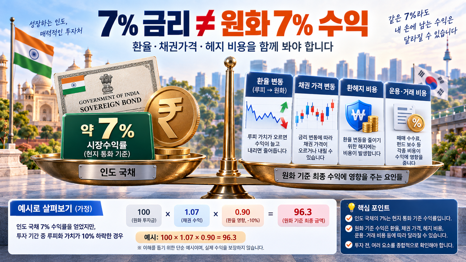 인도 국채의 7% 금리와 루피화 환율 변동이 원화 수익률에 함께 영향을 주는 구조