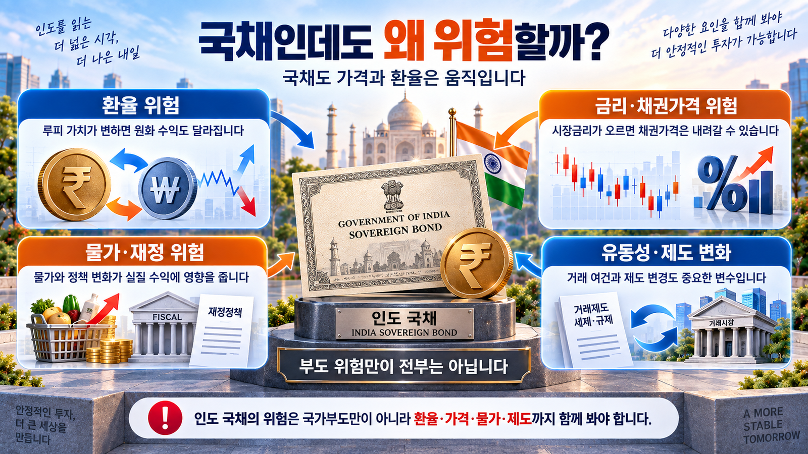 인도 국채 투자에서 살펴야 할 환율·금리·물가·유동성 위험을 네 방향으로 정리한 그림