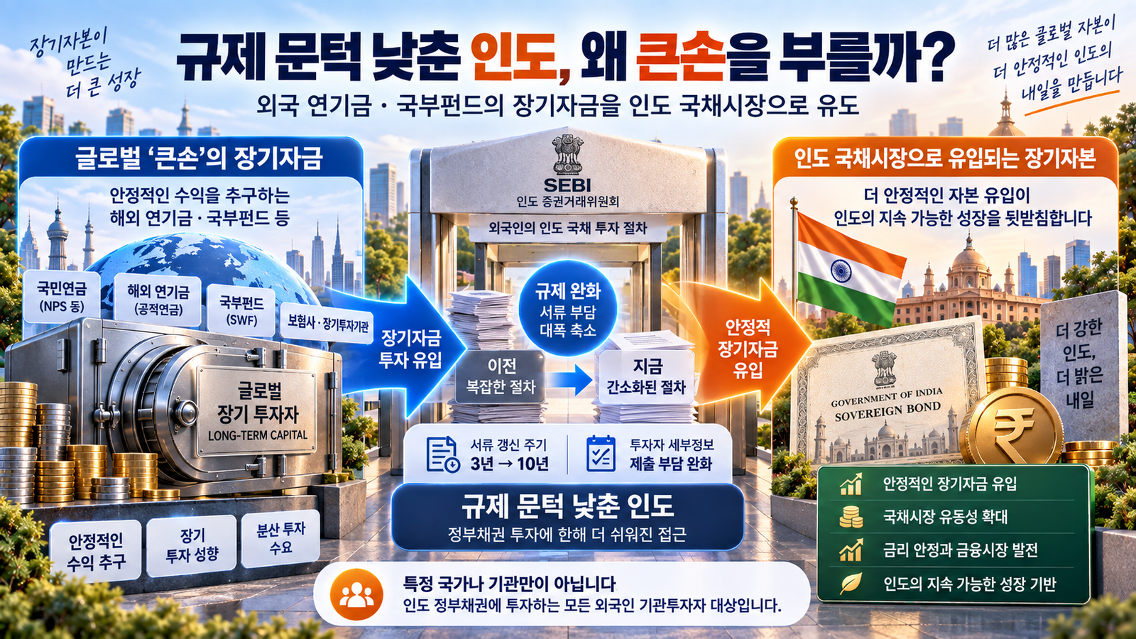 인도가 외국 연기금의 국채시장 진입 규제를 낮추고 장기자금을 끌어들이는 구조