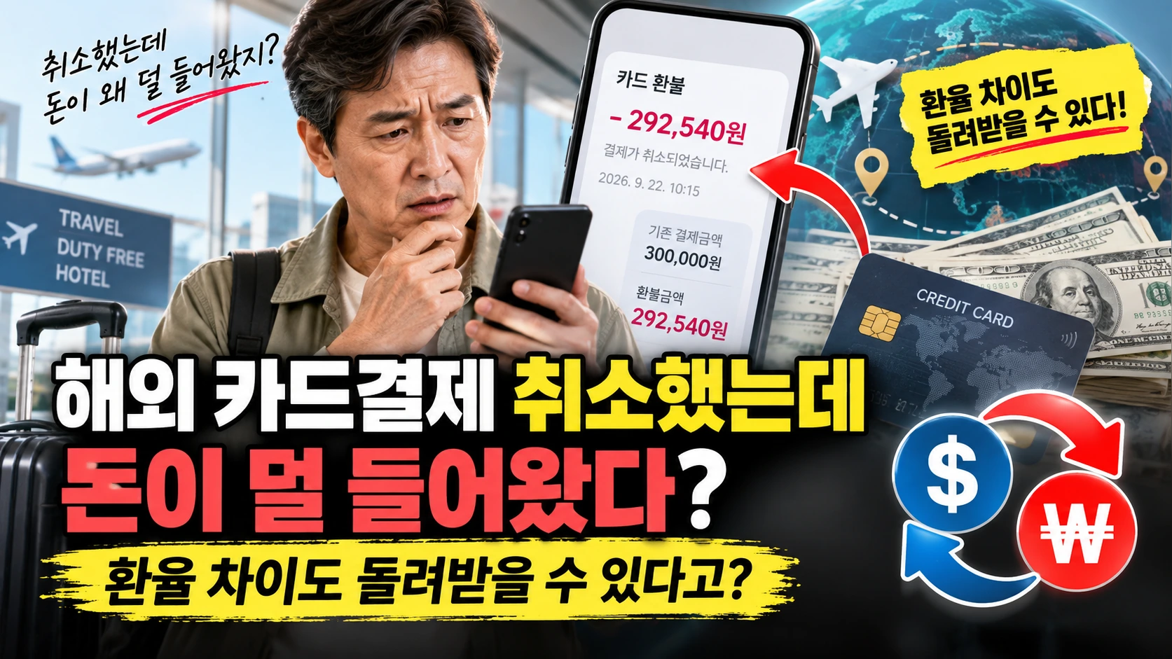 해외 가맹점의 취소전표 정보 누락과 부분취소 때문에 원거래 자동 매칭이 실패하는 과정을 설명한 그림