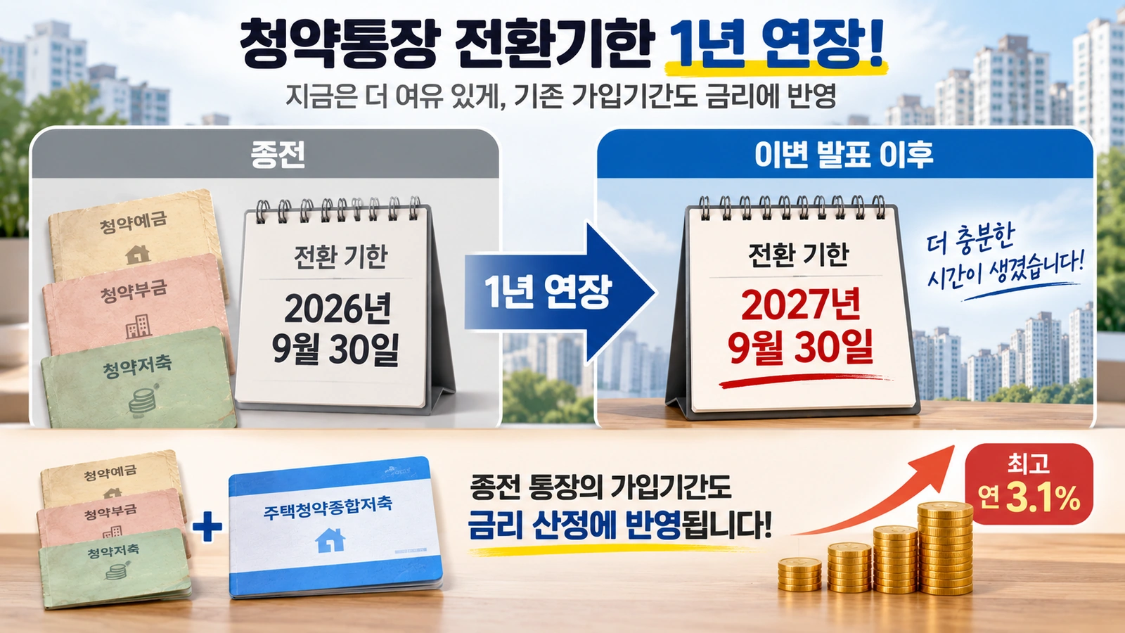 청약통장 종합저축 전환기한이 2026년에서 2027년으로 연장된 내용을 정리한 인포그래픽
