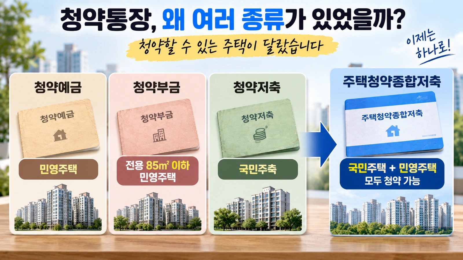 청약예금 청약부금 청약저축과 주택청약종합저축의 청약 가능 주택 차이를 비교한 그림