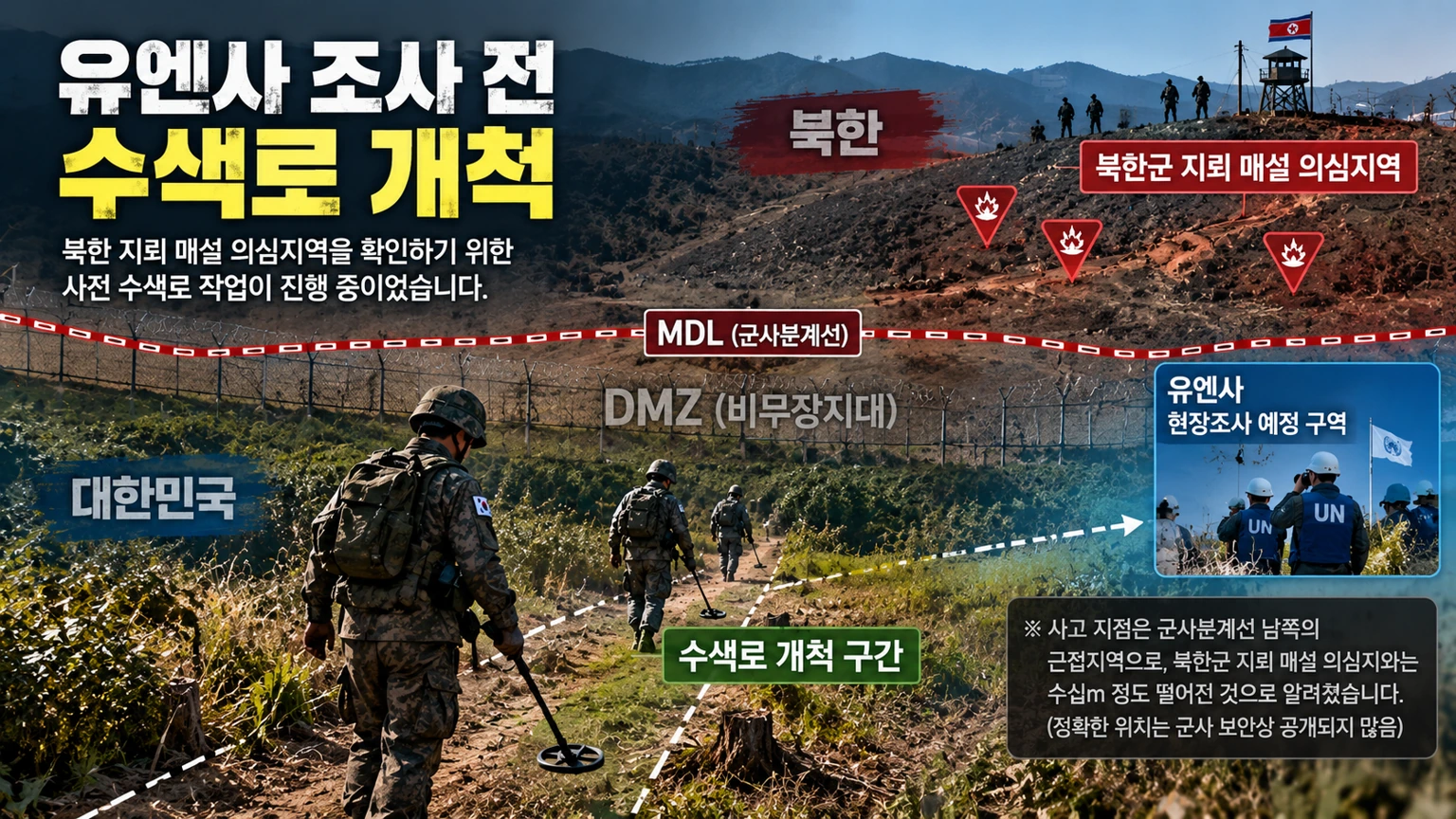 군사분계선과 북한 지뢰 매설 의심지역, 한국군 수색로 개척 구간을 설명한 DMZ 구조도