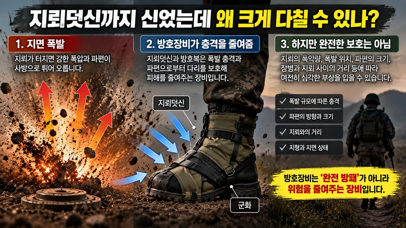 지뢰덧신과 방호장비가 폭발 충격을 줄이지만 완전히 막지는 못하는 원리를 설명한 인포그래픽