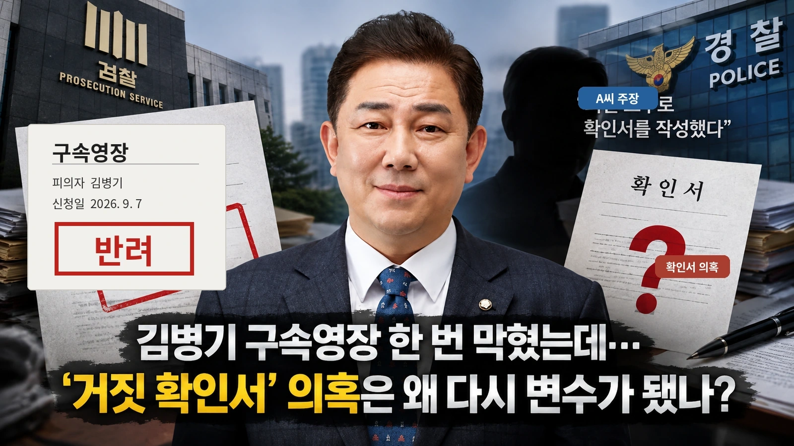 김병기 의원과 반려된 구속영장, 거짓 확인서 의혹을 함께 표현한 일러스트