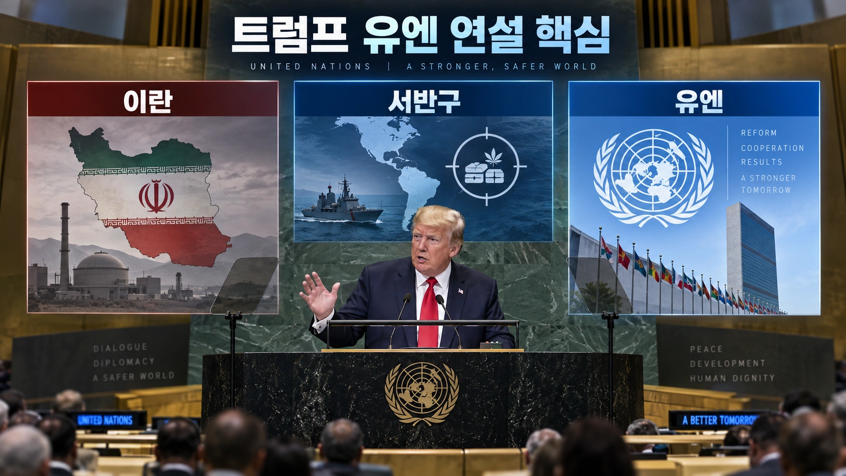 트럼프 유엔 연설의 이란 서반구 카르텔 유엔 개혁 메시지를 정리한 인포그래픽