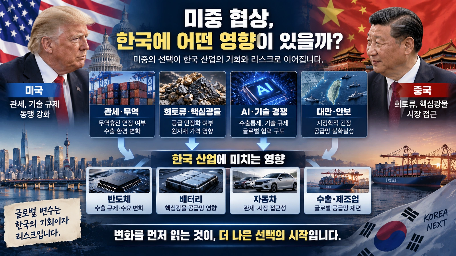 미중 정상회담의 관세 기술규제 희토류 문제가 한국 반도체 배터리 자동차 산업으로 연결되는 구조도