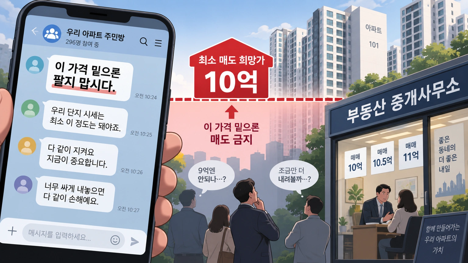 아파트 단톡방의 특정 가격 이하 매도 금지 요구와 집값 담합 논란을 표현한 일러스트
