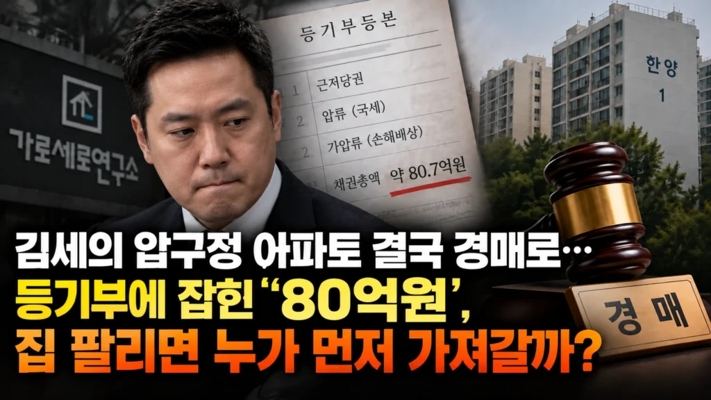 김세의 압구정 아파트 결국 경매로…등기부에 잡힌 ‘80억원’, 집 팔리면 누가 먼저 가져갈까?