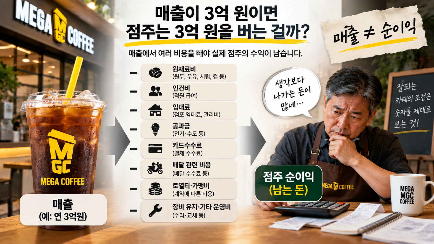 카페 매출에서 원재료비와 인건비, 임대료 등을 제외해야 점주의 실제 이익이 남는 구조를 설명한 그림