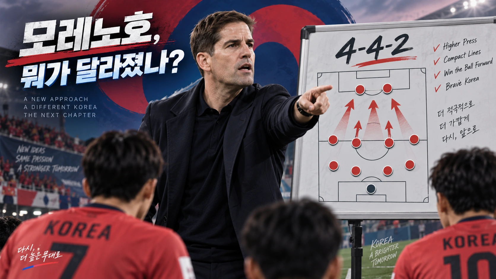 로베르토 모레노 감독과 4-4-2 전술판을 배경으로 한국 축구대표팀의 변화를 표현한 일러스트