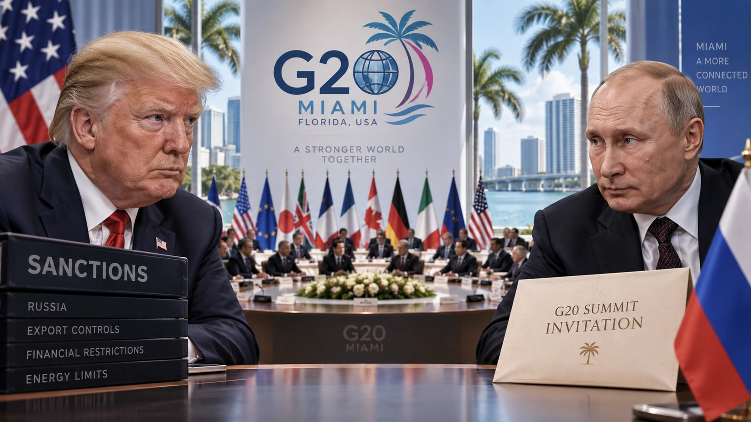미국의 대러시아 제재와 푸틴 G20 초청이라는 두 상황을 함께 보여주는 트럼프·푸틴 대표 일러스트