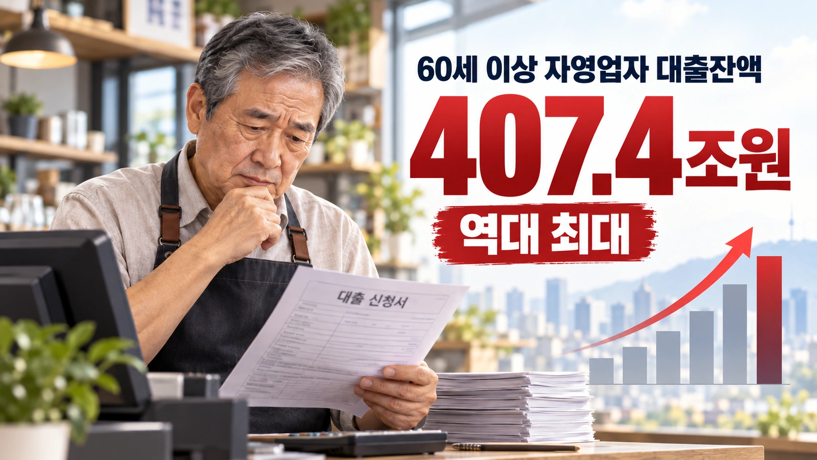 60세 이상 자영업자 대출 407조4천억원과 고령 자영업자의 부채 증가를 표현한 일러스트