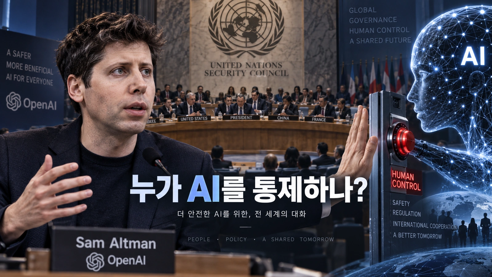 샘 올트먼과 유엔 안전보장이사회를 배경으로 AI의 인간 통제 문제를 표현한 대표 일러스트