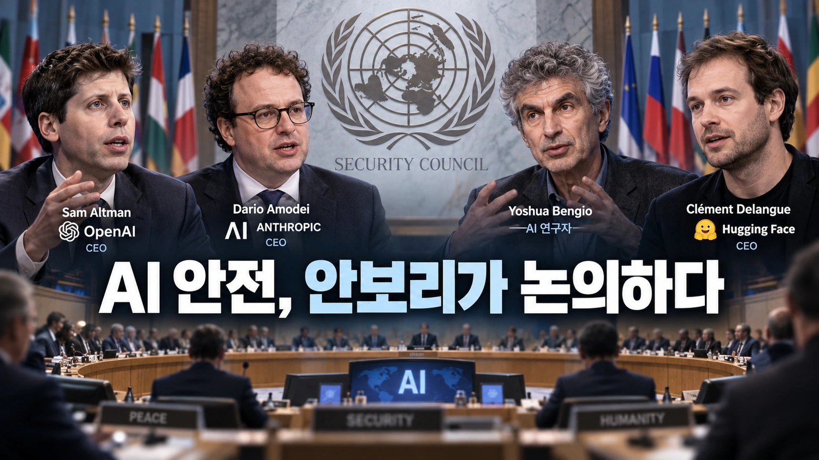 유엔 안전보장이사회 AI 회의에 참석한 샘 올트먼과 주요 AI 전문가들의 관계를 설명한 일러스트