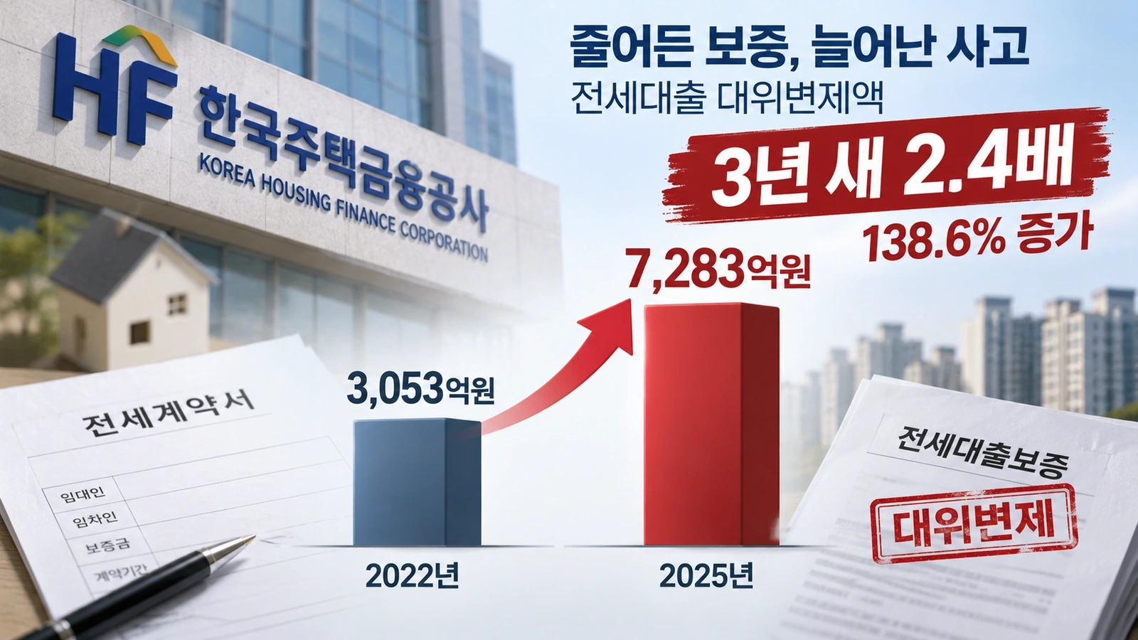 2022년과 2025년 전세대출 보증사고 및 대위변제 증가폭을 비교한 인포그래픽