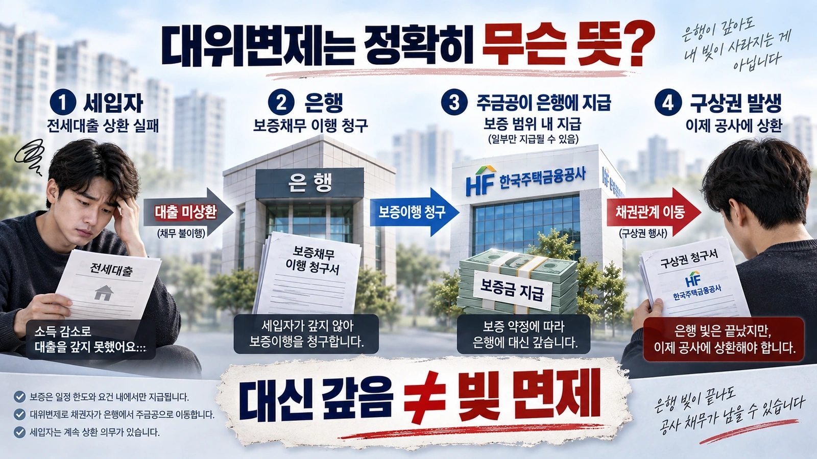 전세대출 차주와 은행, 주택금융공사 사이의 대위변제와 구상권 흐름을 보여주는 구조도