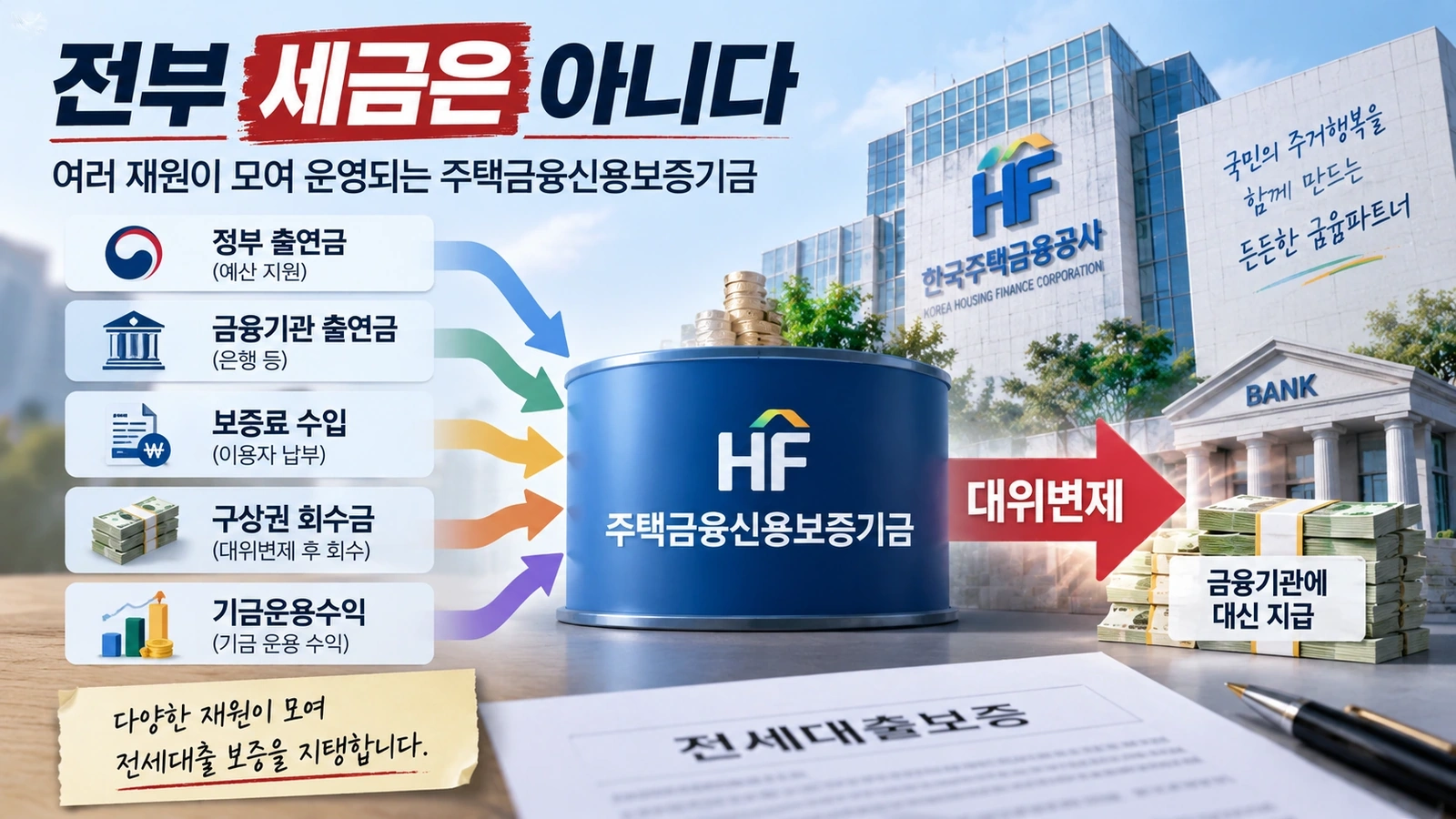 주택금융신용보증기금의 재원과 대위변제 자금 흐름을 설명한 인포그래픽