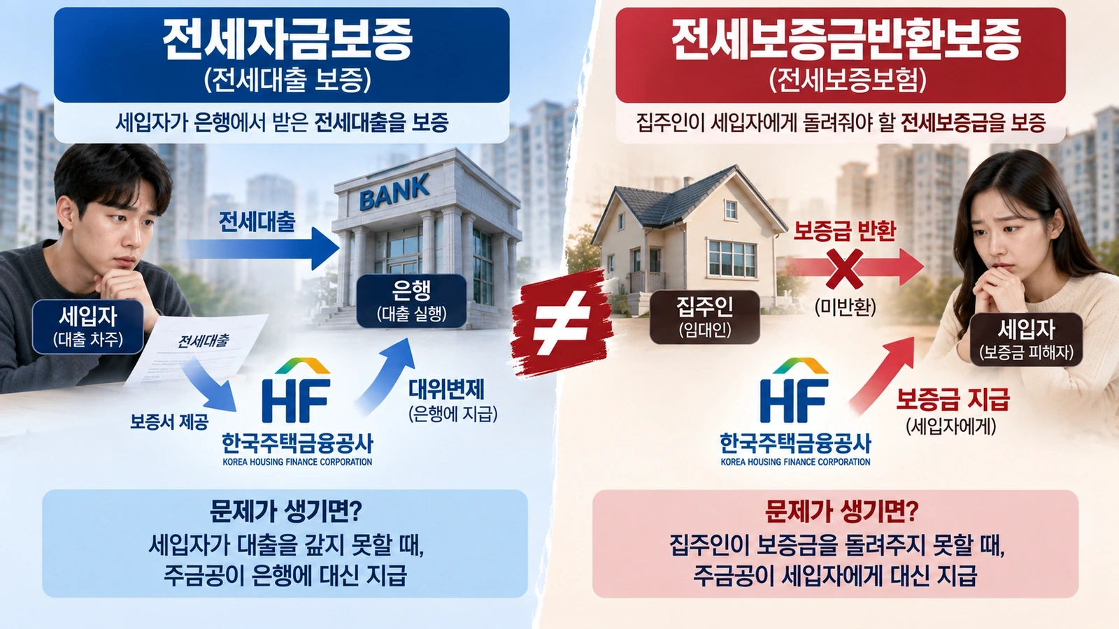전세자금보증과 전세보증금반환보증의 차이를 비교한 인포그래픽