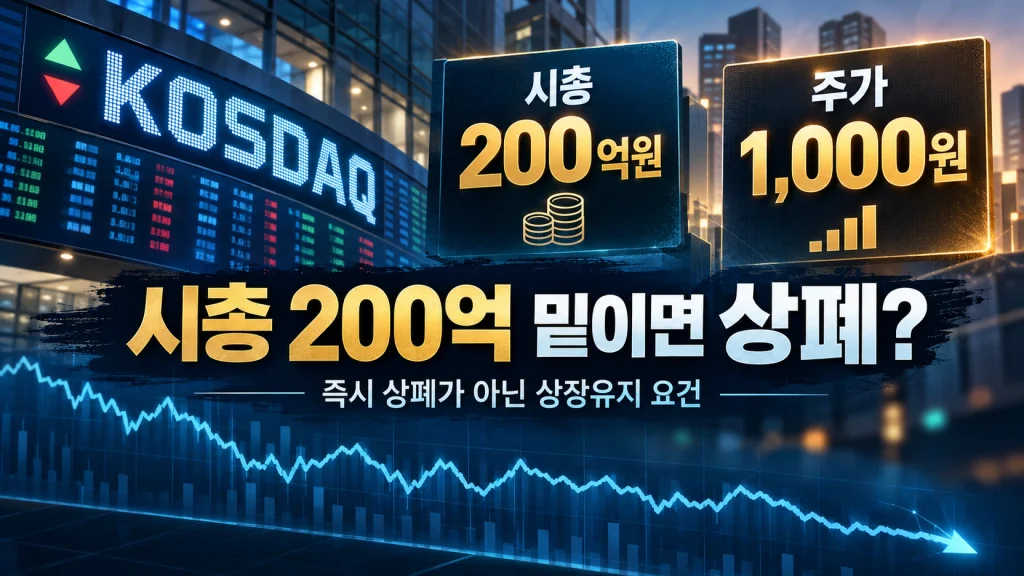 코스닥 시가총액 200억원과 주가 1000원 상장폐지 기준을 보여주는 대표 일러스트