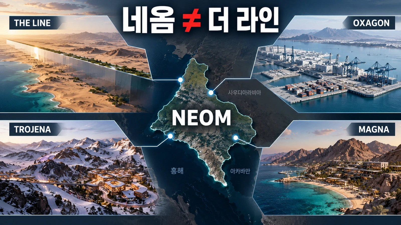 네옴 전체와 더 라인 오키사곤 트로제나 등 주요 개발사업의 관계를 설명한 구조도