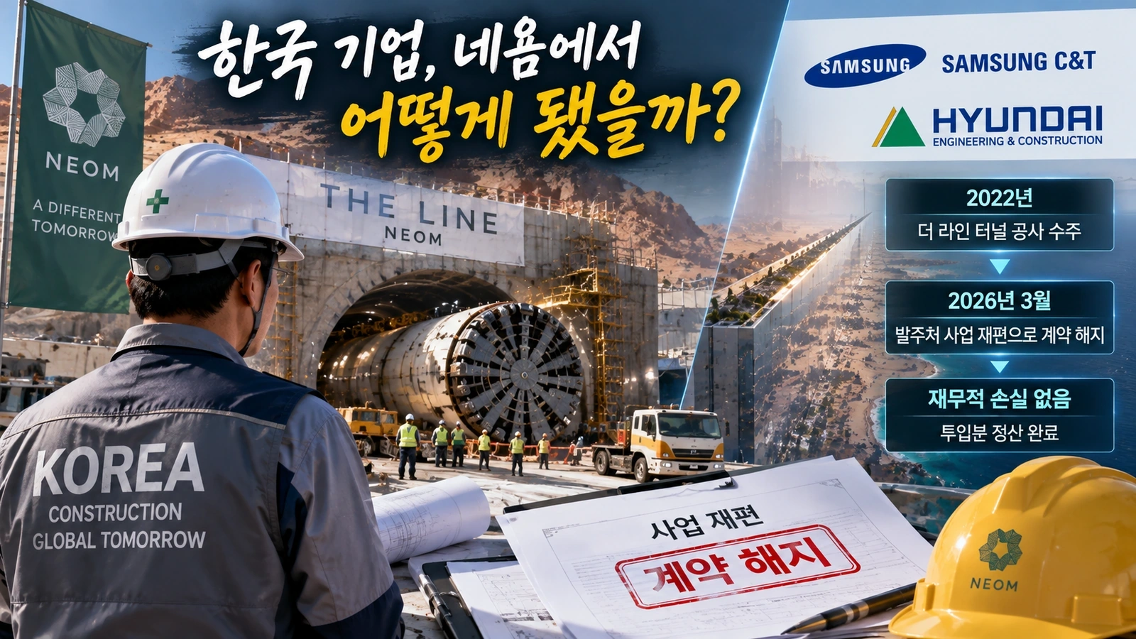 삼성물산과 현대건설이 참여한 네옴 더 라인 터널공사의 계약 체결과 2026년 해지 과정을 설명한 타임라인