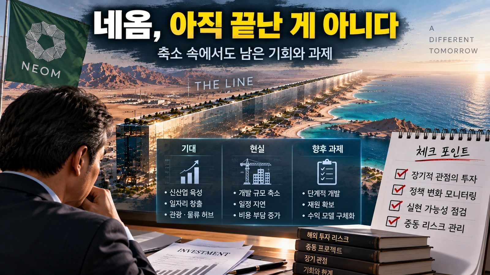 네옴시티를 실패와 성공의 이분법이 아니라 더 라인 축소와 산업 프로젝트 진행으로 나눠 평가하는 비교 그림
