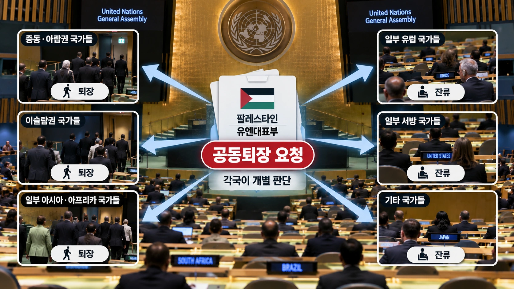 팔레스타인 유엔대표부의 공동퇴장 요청과 각국 대표단의 선택을 설명한 도식
