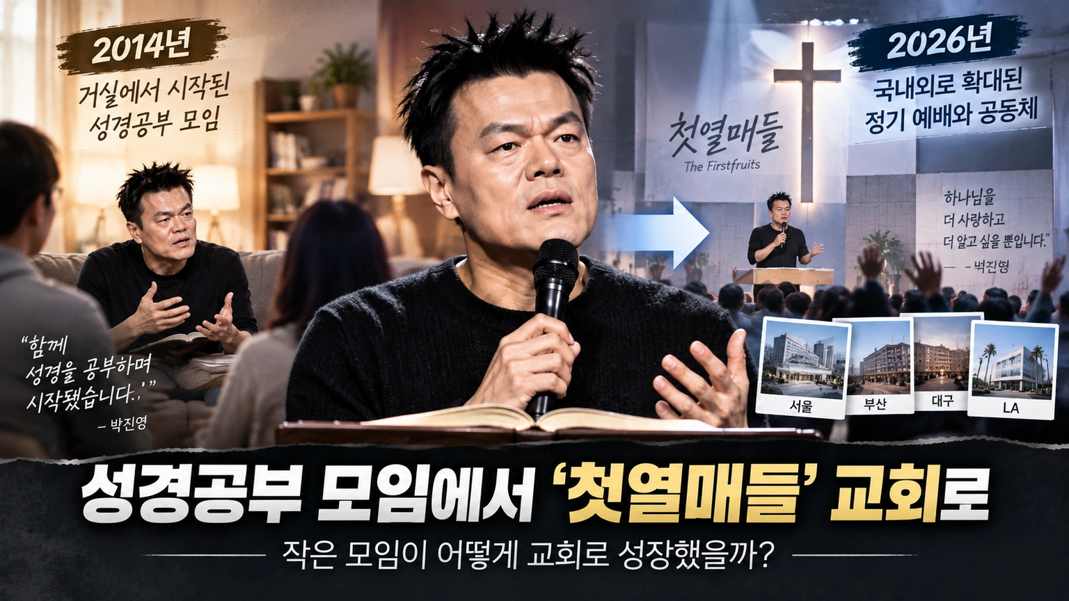 박진영의 소규모 성경공부 모임이 첫열매들 교회 형태로 확대된 과정을 보여주는 그림