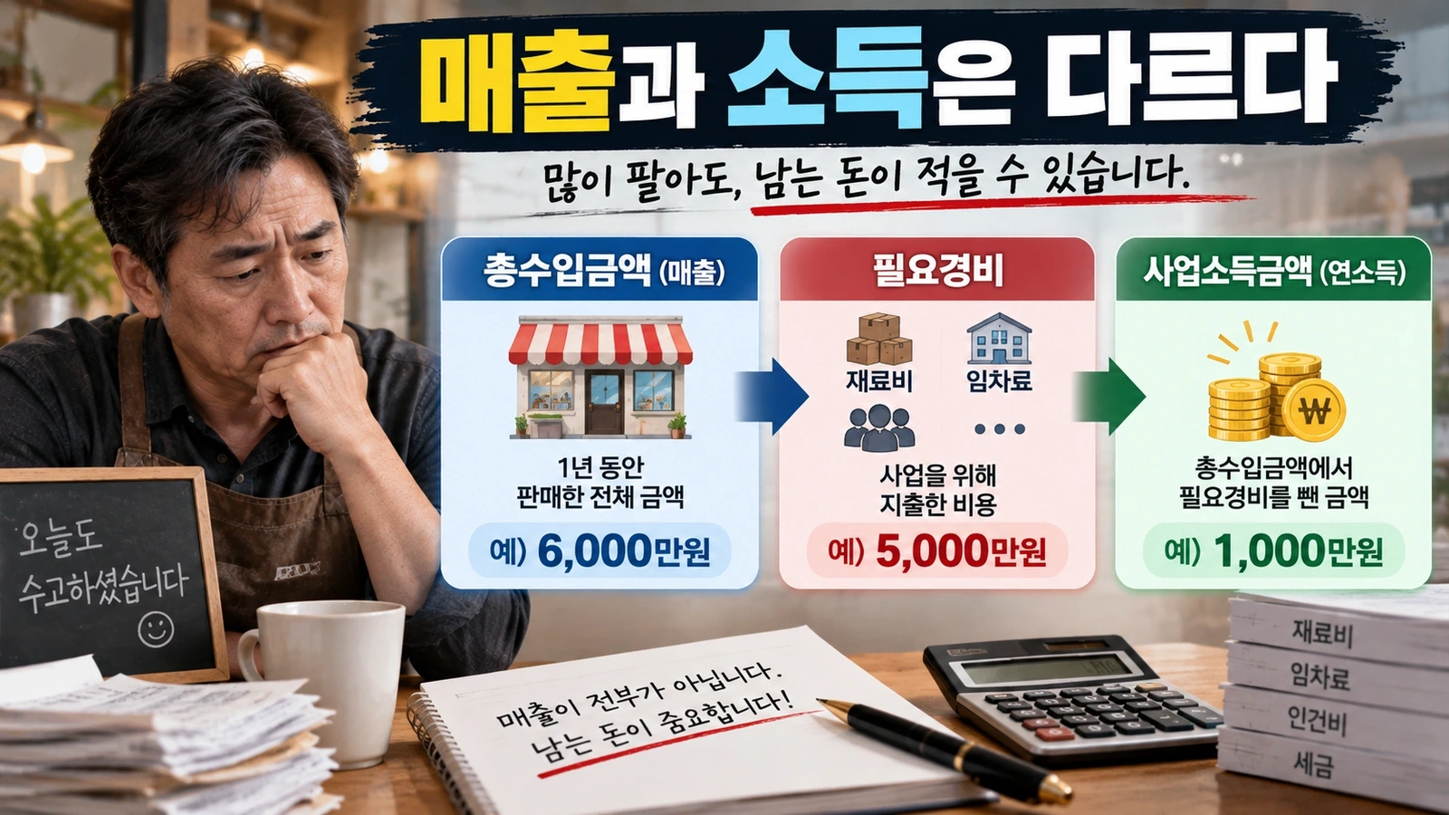 자영업자의 총수입금액에서 필요경비를 빼 사업소득금액을 계산하는 구조를 설명한 그림