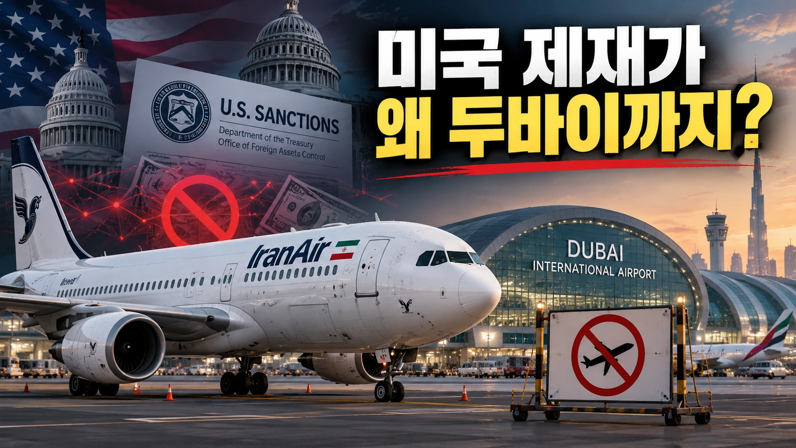 미국의 대이란 항공 제재 이후 UAE에서 이란 항공사 운항이 중단된 상황을 보여주는 일러스트