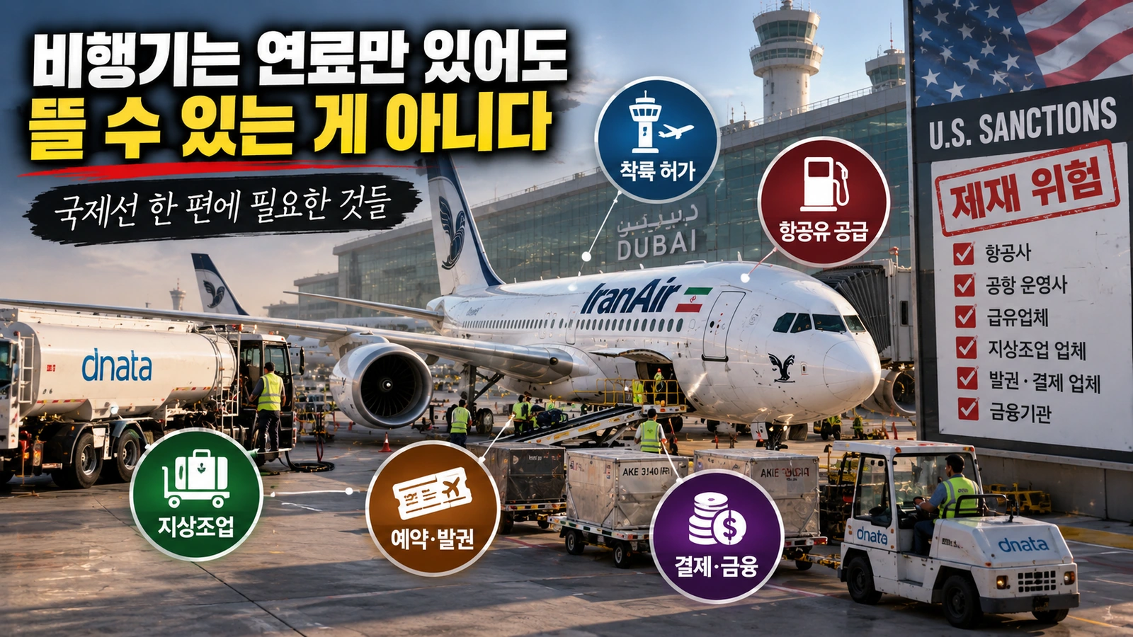 국제선 항공편 운항에 필요한 공항 서비스와 미국 제재의 연결 구조를 설명한 그림