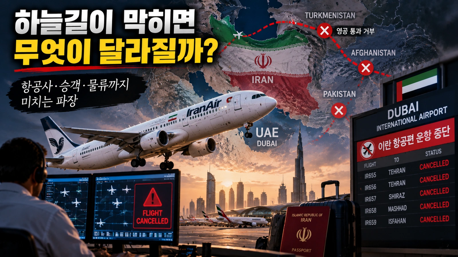 이란 항공 제재가 국제선 승객의 예약과 환승에 미치는 영향을 설명한 인포그래픽