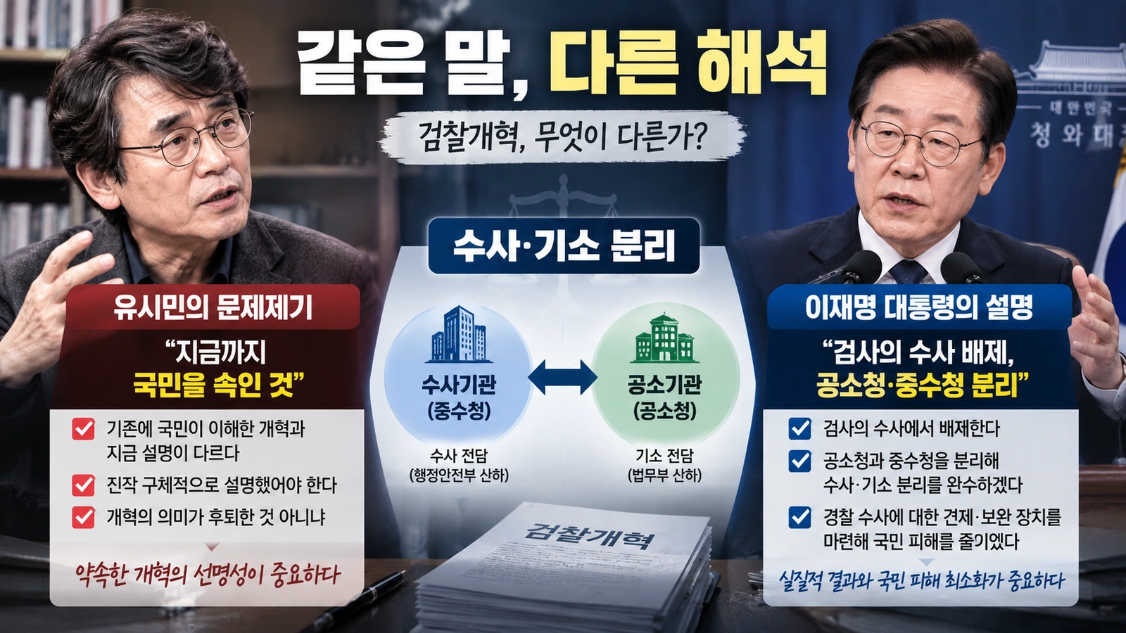 검찰개혁을 둘러싼 유시민의 문제제기와 이재명 대통령 설명의 차이를 비교한 인포그래픽