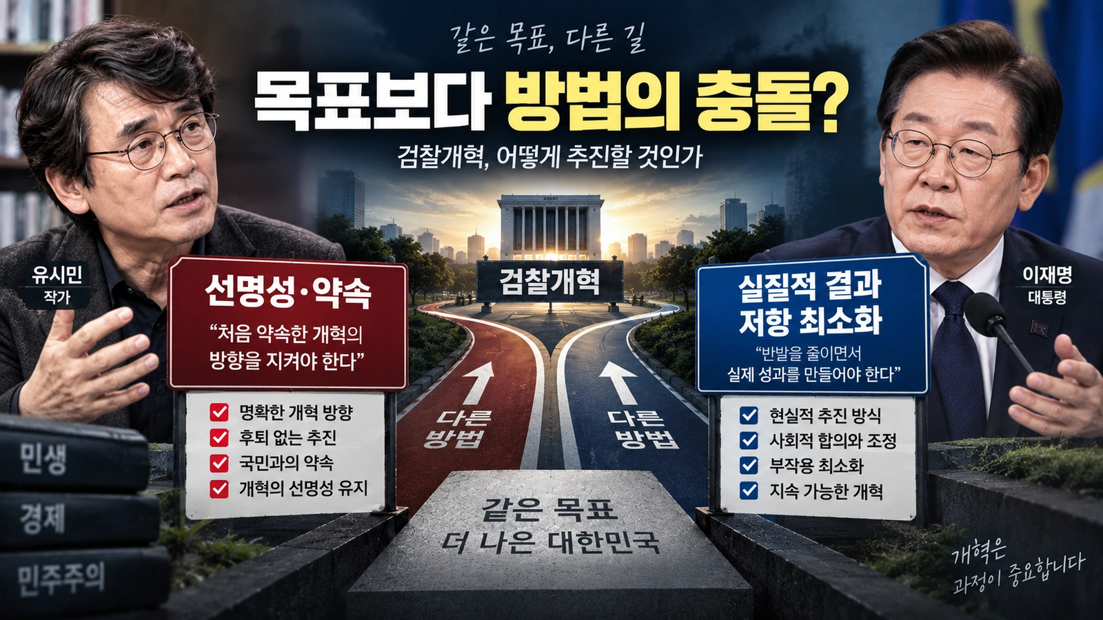 개혁의 선명성과 실행 가능성을 둘러싼 유시민과 이재명 대통령의 시각 차이를 설명한 인포그래픽