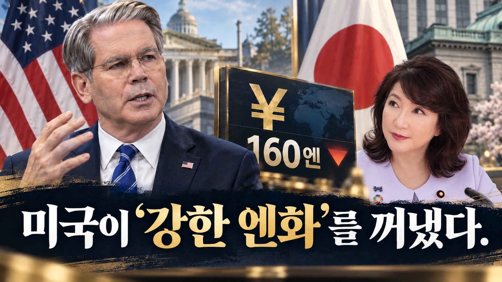 미국 재무장관 스콧 베선트의 강한 엔화 발언과 달러당 160엔 부근의 환율을 표현한 대표 일러스트