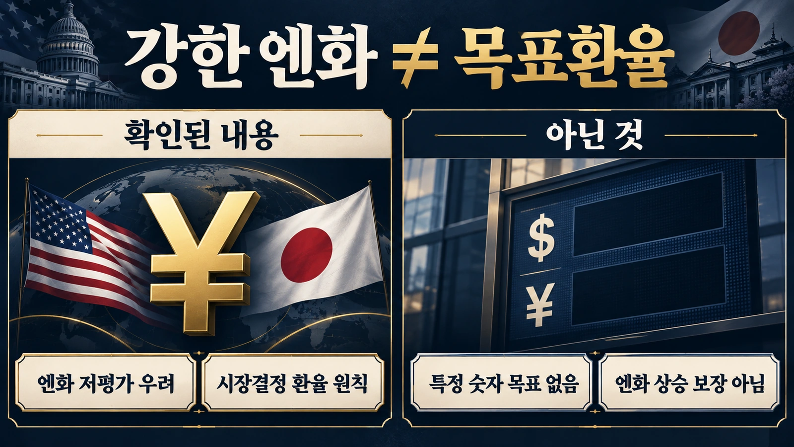 미국의 강한 엔화 발언과 특정 목표환율 설정의 차이를 설명한 인포그래픽