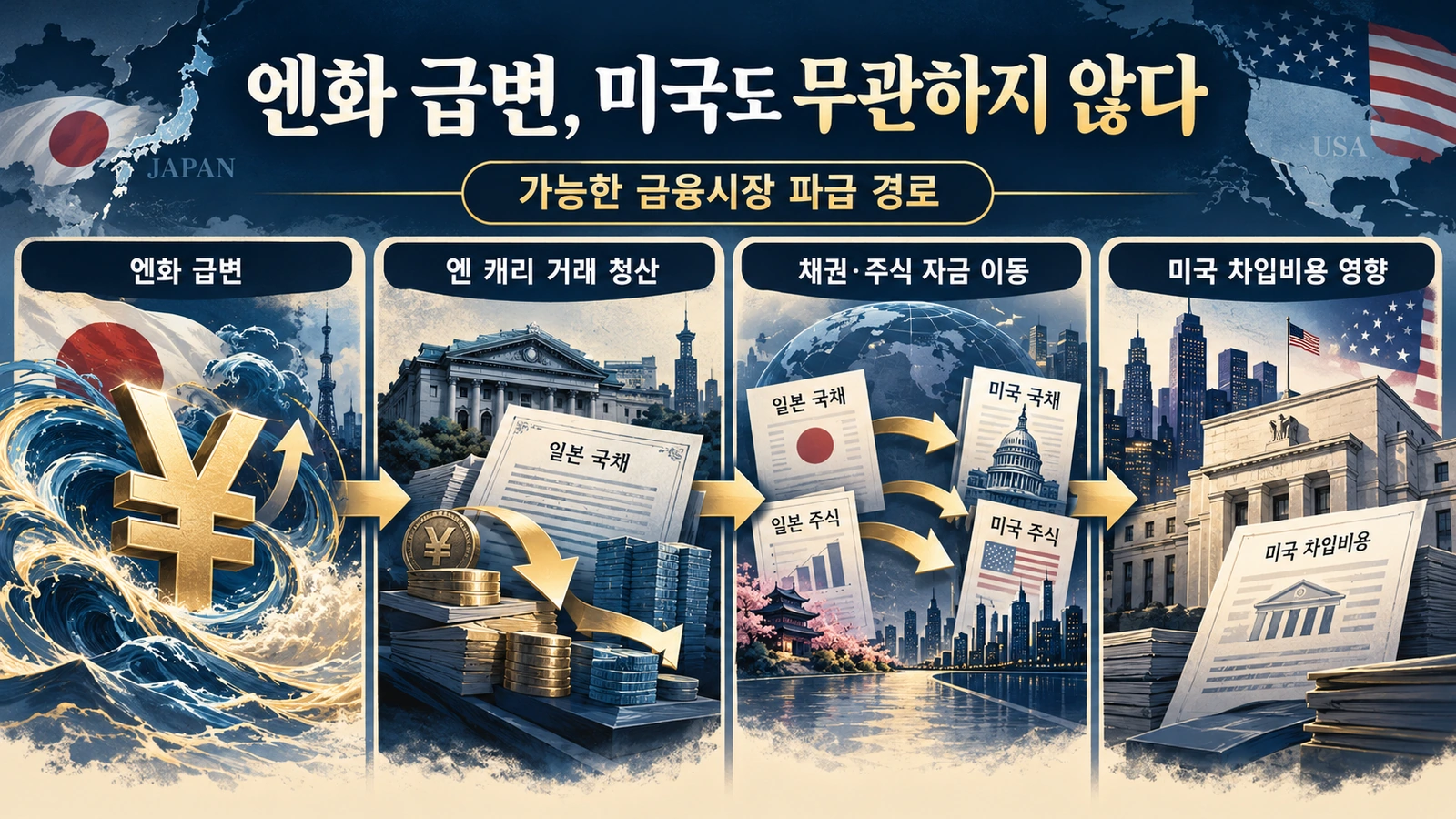 엔화 급변이 엔 캐리 트레이드와 글로벌 금융시장을 통해 미국 금리까지 영향을 줄 수 있는 구조를 설명한 그림