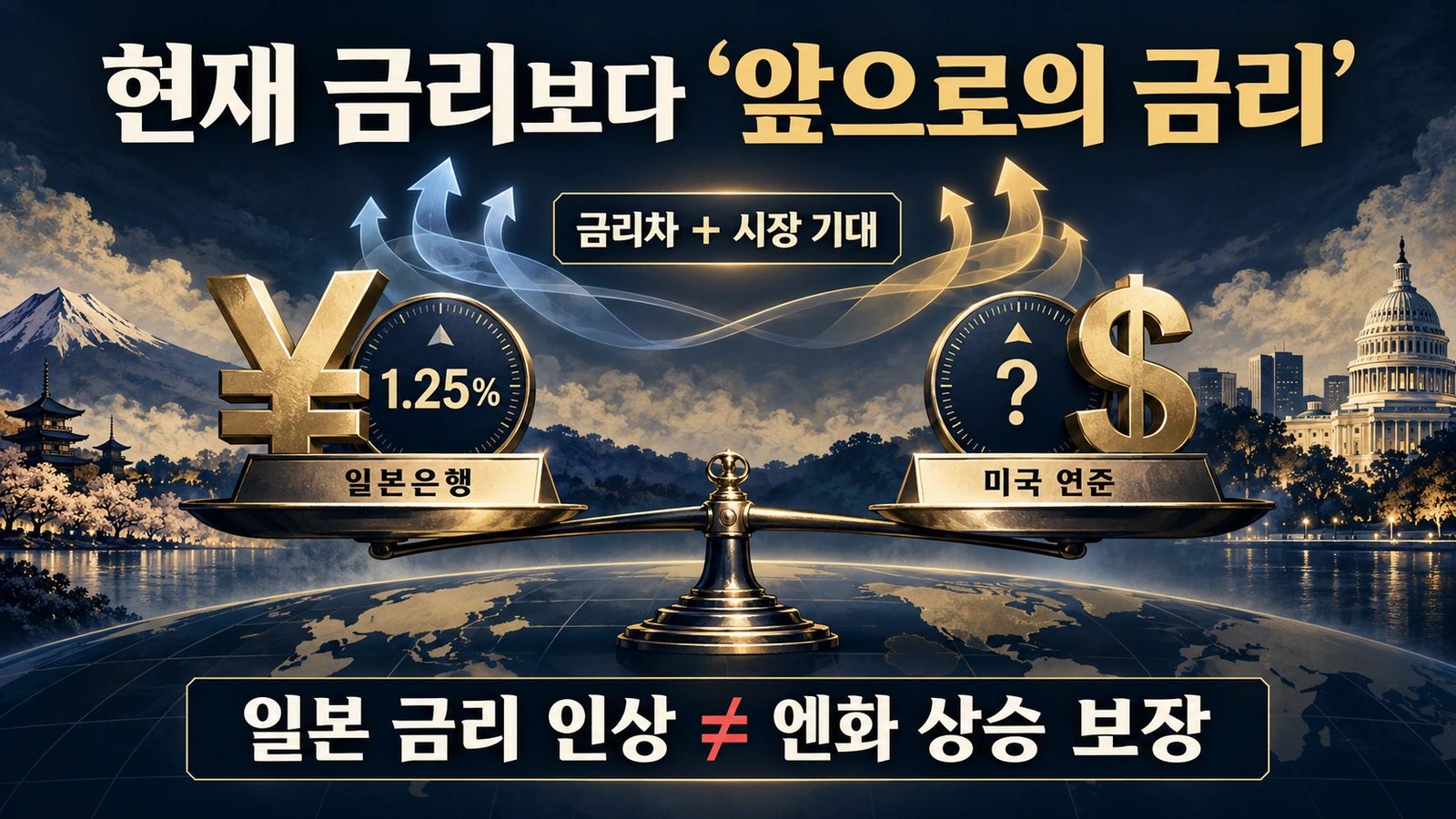 일본 금리 인상에도 엔화가 약세를 보일 수 있는 미일 금리차와 시장 기대 구조를 설명한 인포그래픽