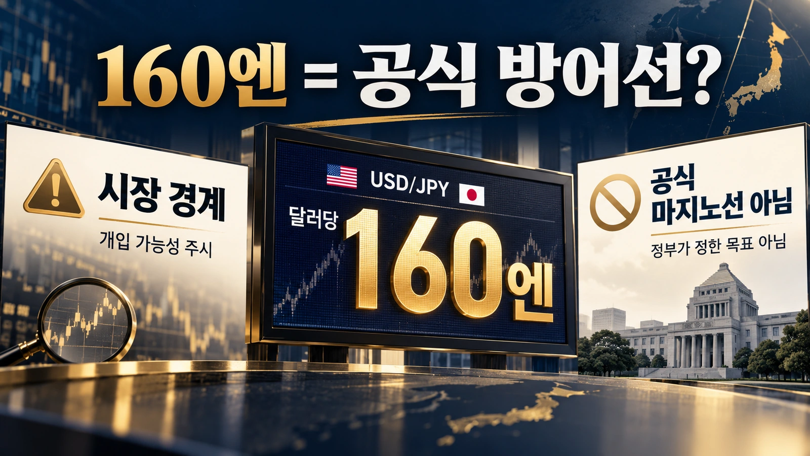 달러당 160엔이 시장의 환율개입 경계선으로 거론되지만 공식 목표환율은 아니라는 점을 설명한 그림