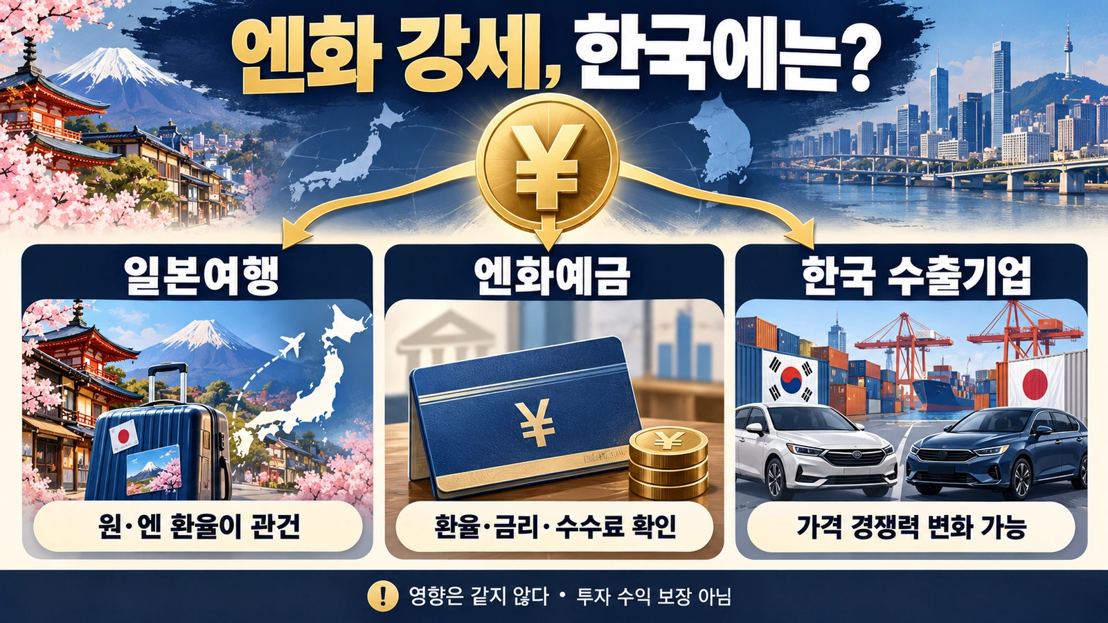 엔화 강세가 일본여행과 엔화예금, 한국 수출기업에 미칠 수 있는 영향을 설명한 인포그래픽