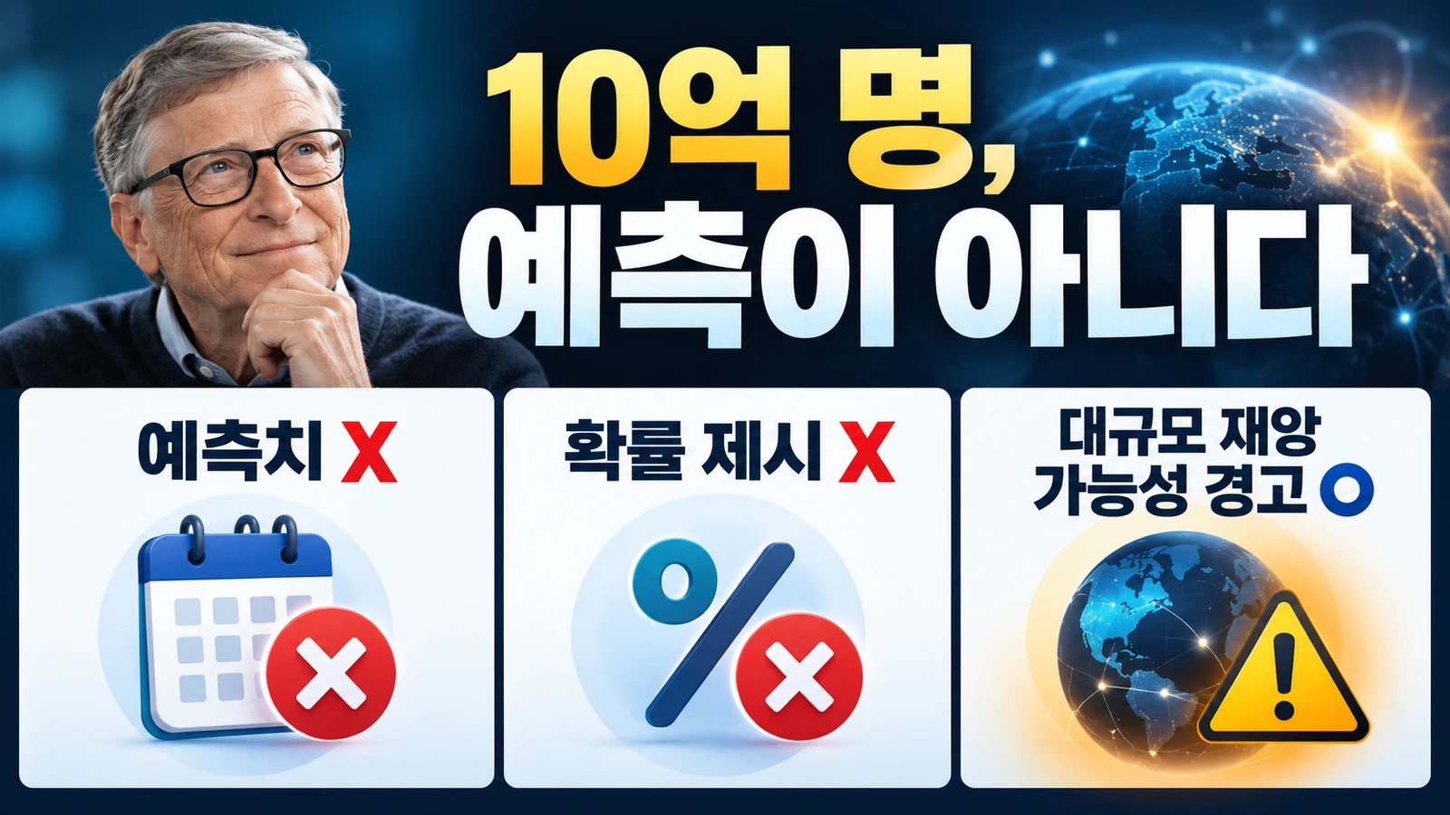 빌 게이츠의 AI 10억 명 사망 발언에서 예측과 위험 경고의 차이를 설명한 인포그래픽