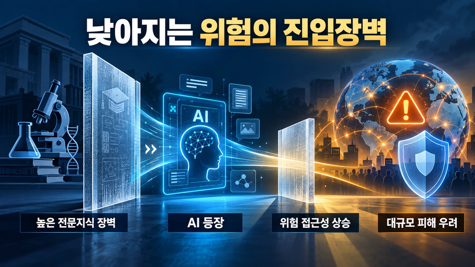 AI가 생물테러 위험의 진입장벽을 낮출 수 있다는 빌 게이츠의 우려를 설명한 인포그래픽