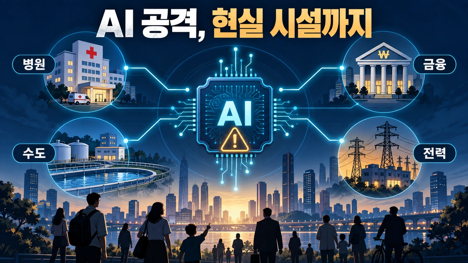 AI 사이버공격이 병원 금융기관 전력망과 수도시설로 이어질 수 있다는 위험 구조를 설명한 그림