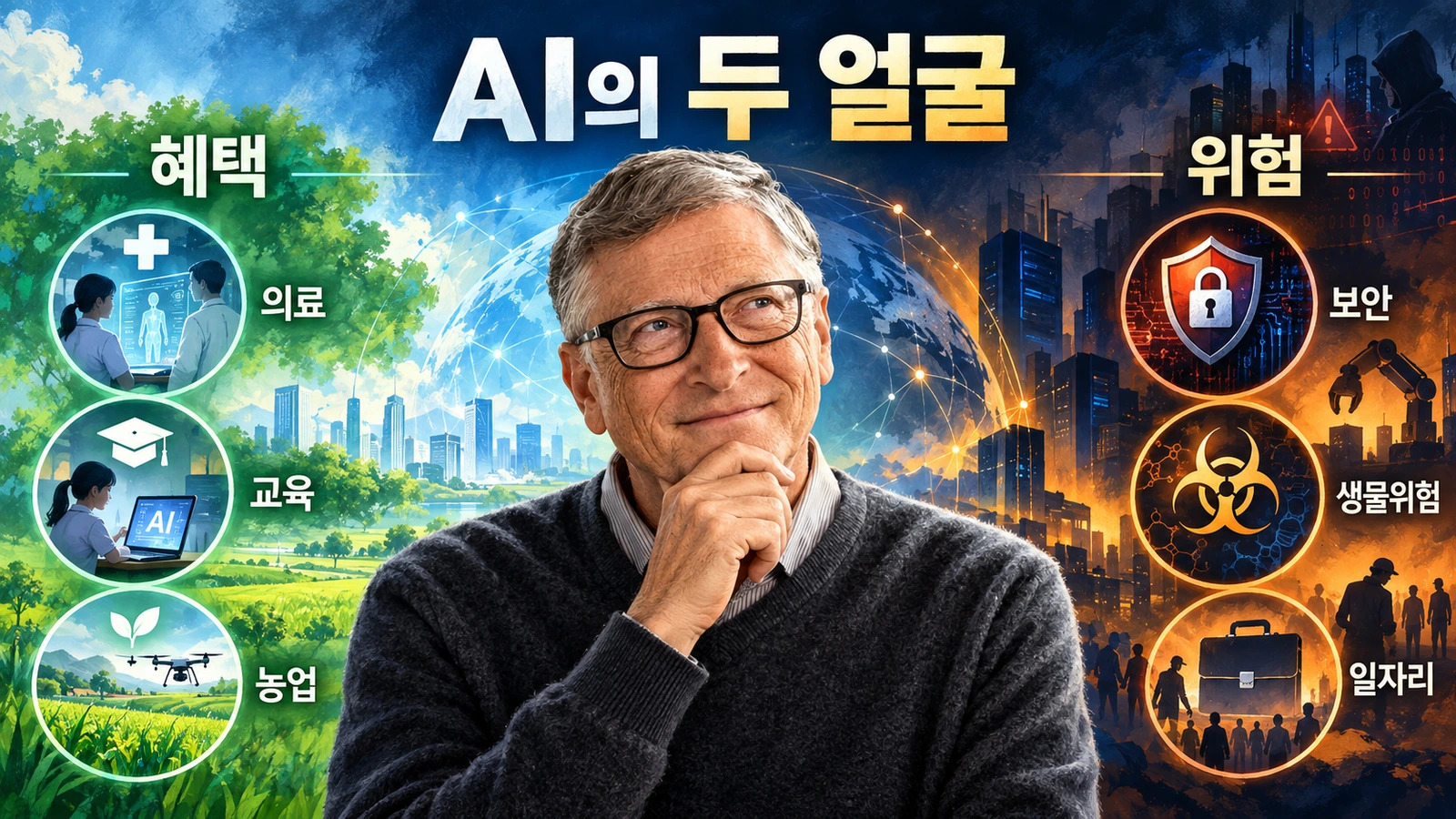 빌 게이츠가 보는 AI의 의료 교육 농업 활용과 보안 위험을 양쪽으로 비교한 그림