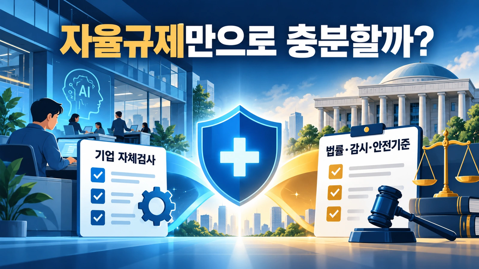 AI 기업의 자율규제와 정부의 법적 감시체계를 비교한 인포그래픽