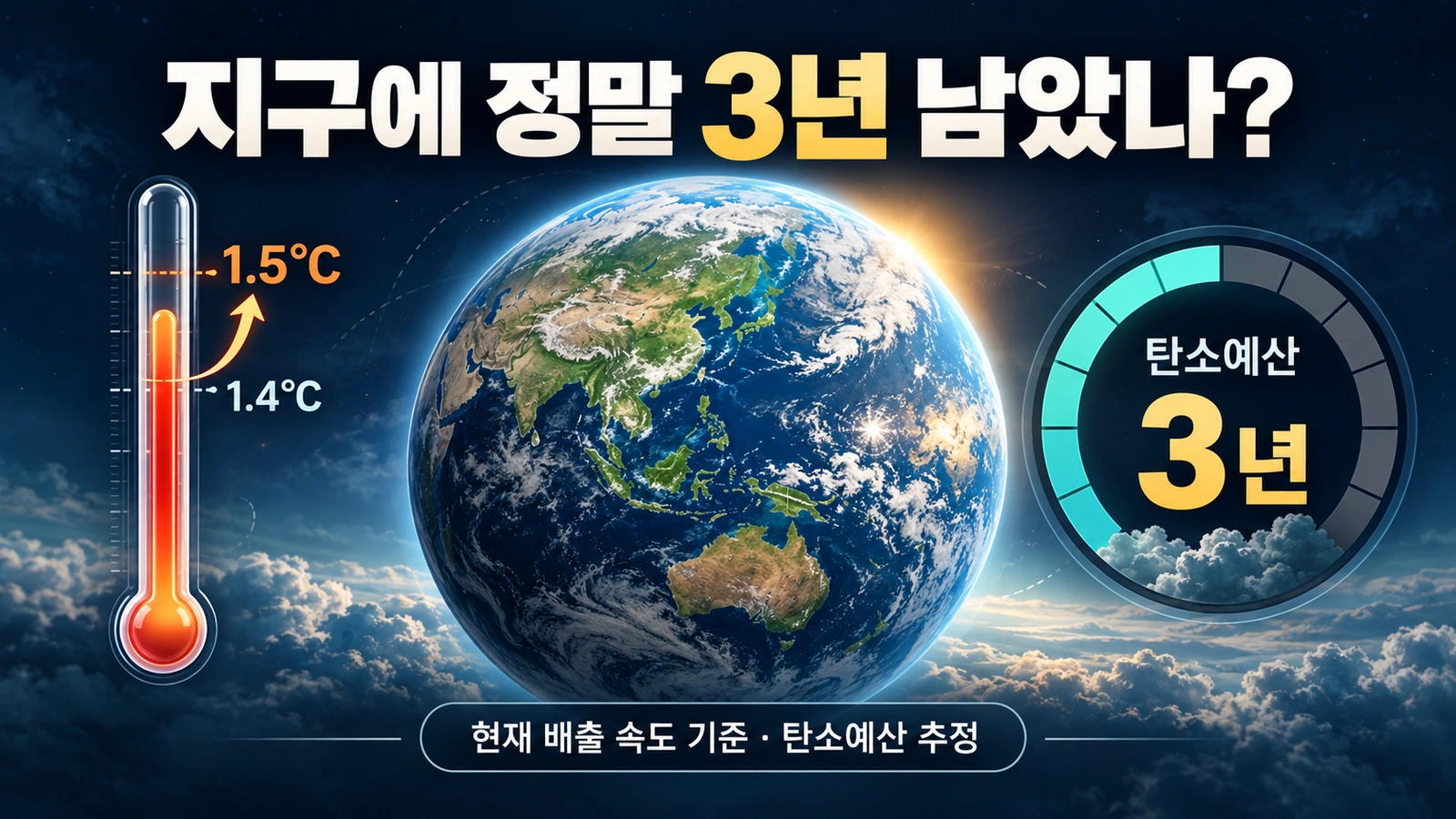 지구 온난화 1.5도와 남은 탄소예산 3년의 의미를 표현한 일러스트